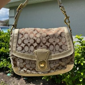 Coach Brown and Tan Monogram Shoulder Bag with Gold Hardware